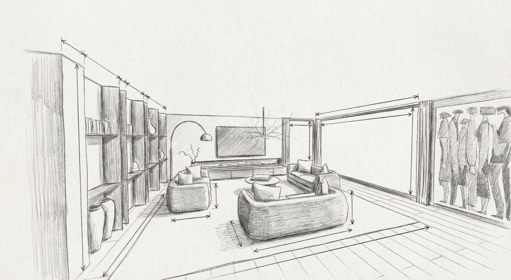 Kézi hatású koncepció vázlat modern nappali elrendezéséről.