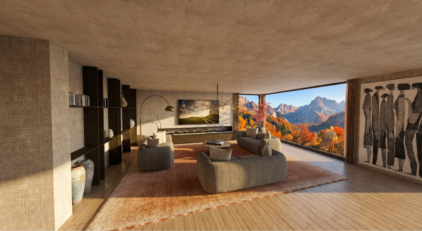 360 fokos VR panoráma nézet modern nappaliról.